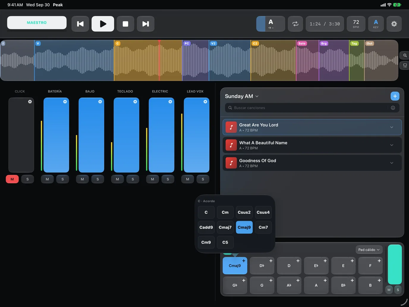 PeakMultitrack tonic pad with the chord menu open