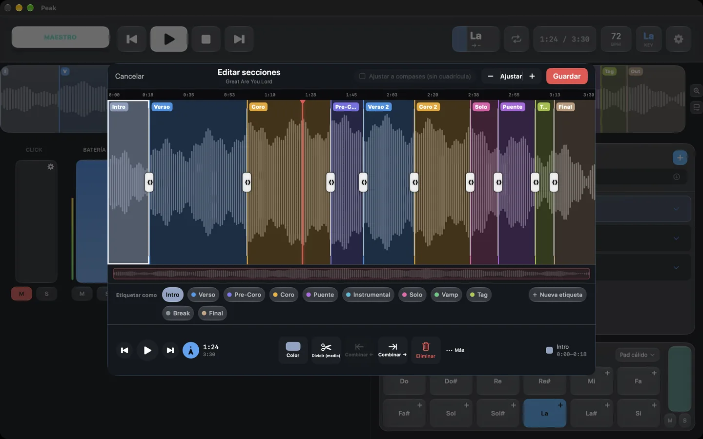 PeakMultitrack section editor with the colored waveform